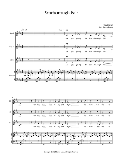 Scarborough Fair (Arr. Karen Ivana) - Traditional (Choral, SSA)
