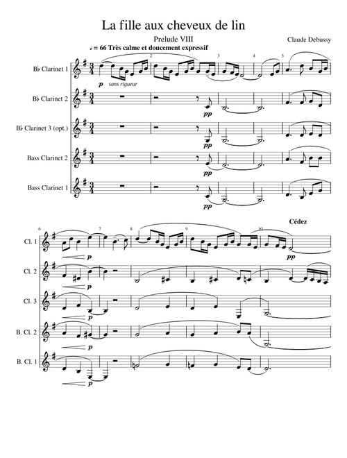 La fille aux cheveux de lin - Claude Debussy - Clarinet Quintet/Quartet Arrangement for 2 or 3 Bb Clarinets and 2 Bass Clarinets