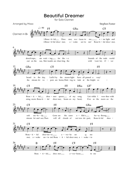 Beautiful Dreamer - Solo Bb Clarinet in E Major Easy - Lyrics & Chords (Version Tom Roush) (Arr. Misso) (Clarinet Solo)