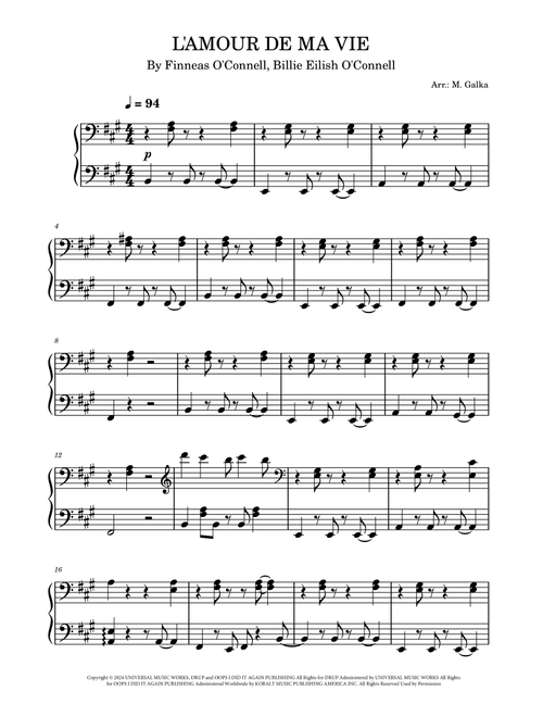 L'amour De Ma Vie (Arr. M. Galka) - Billie Eilish (Piano Solo)