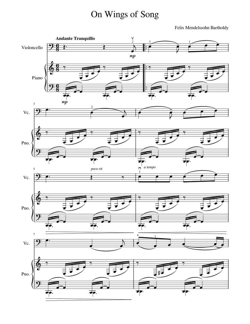 On Wings of Song – Felix Mendelssohn Sheet Music for Piano, Cello ...