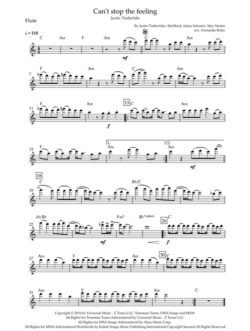Can't Stop The Feeling! (Arr. Fernando Britto) - Justin Timberlake (Flute Solo)