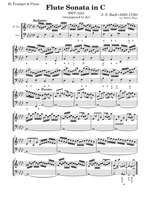 Flute Sonata in C major, BWV 1033 – Johann Sebastian Bach (arr. for Bb Tpt.&Piano, transposed to Ab)