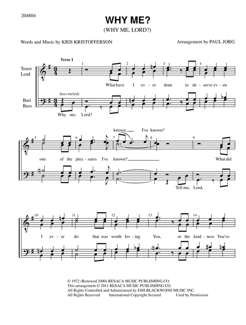 Why Me? (Why Me, Lord?) (Arr. Paul A. Jorg) - Cristy Lane (Choral, TTBB)