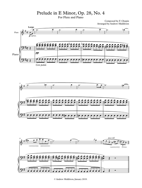 Prelude in E Minor arranged for Flute & Piano (Arr. Andrew Middleton) - Frederic Chopin (Small Ensemble)