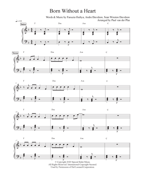 Born Without A Heart (Arr. Paul van der Plas) - Sean Davidson, Andre Davidson, Faouzia Ouihya (Easy Piano)