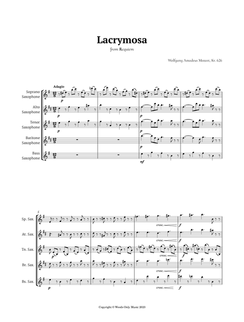 Queen of the Night Aria by Mozart for Sax Ensemble (Arr. Ander) (Woodwind Ensemble)