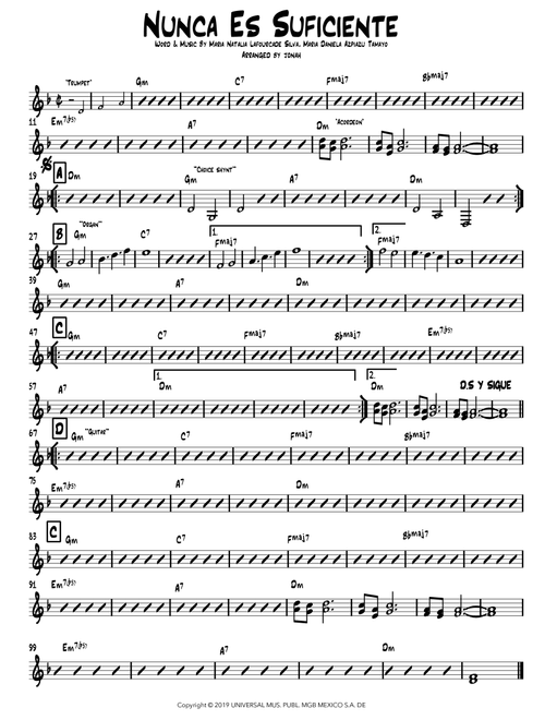 Nunca Es Suficiente (Arr. Jonah Oliva) - Maria Daniela Azpiazu Tamayo, Maria Natalia Lafourcade Silva (Lead Sheet - Fake Book)