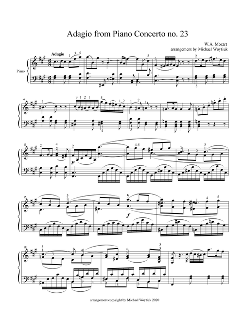 Adagio from Concerto no. 23 (Arr. Michael Woytiuk) - WA Mozart (Piano Solo)