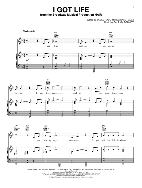 I Got Life - James Rado, Hair (Musical) (Piano-Vocal-Guitar)