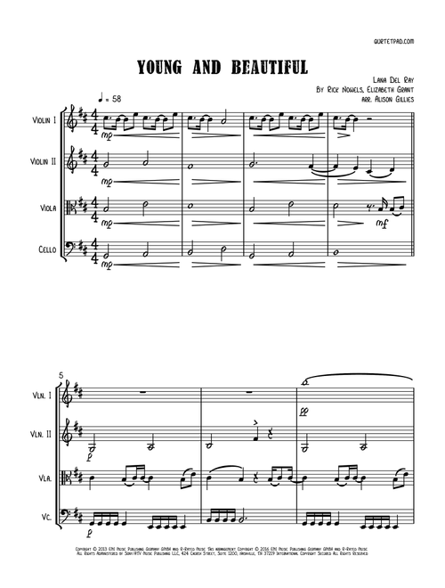 Young And Beautiful (Arr. Alison Gillies) - Lana Del Ray (String Quartet)