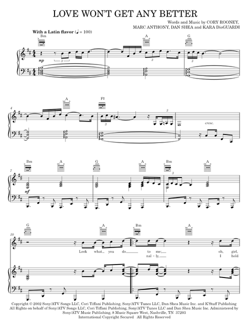 Love Won't Get Any Better - Kara DioGuardi, Marc Anthony (Piano-Vocal-Guitar)