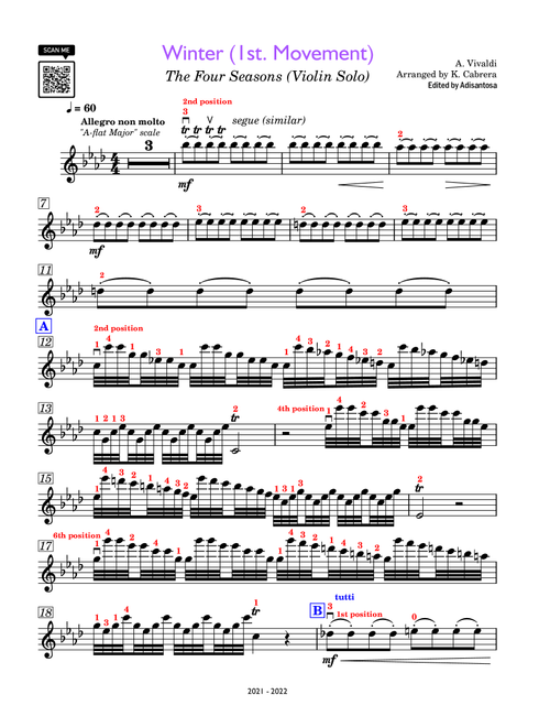 Winter (1st Movement) from "The Four Seasons" (Arr. Adisantosa) - Antonio Vivaldi (Violin Solo)