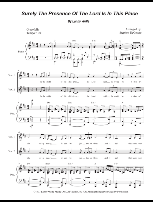 Surely The Presence Of The Lord Is In This Place (Arr. Stephen DeCesare) - Lanny Wolfe (Voice Duet and Piano)