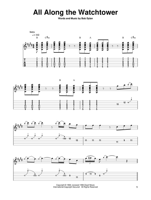 All Along The Watchtower - Jimi Hendrix, Bob Dylan (Easy Guitar with TAB)