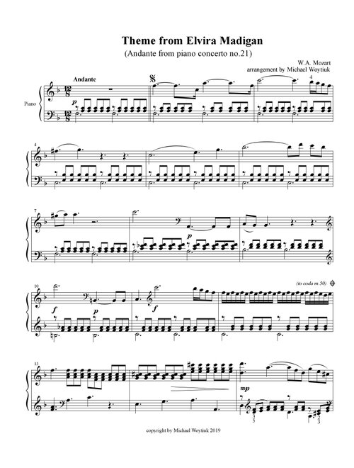 Theme from Elvira Madigan (Arr. Michael Woytiuk) - WA Mozart (Piano Solo)
