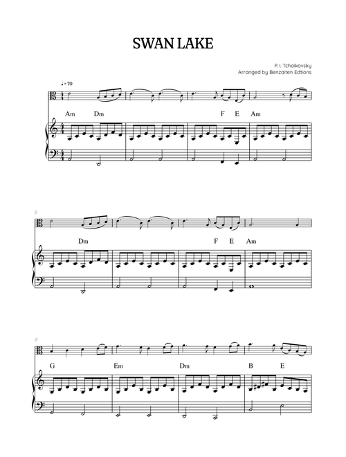 Swan Lake (Theme) • Pyotr Ilyich Tchaikovsky | Viola & Piano Sheet Music (chords) (Arr. Benzaiten Editions) - Pyotr Illyich Tchaikovsky (Viola and Piano)