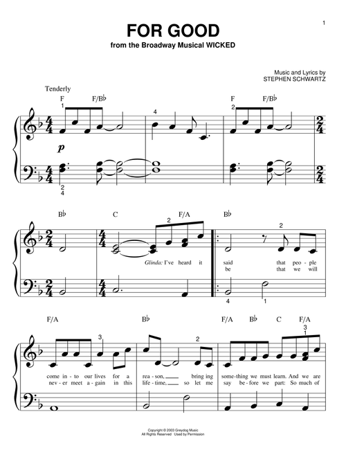 For Good (from Wicked) - Stephen Schwartz, Wicked (Musical) (Big Note Piano)