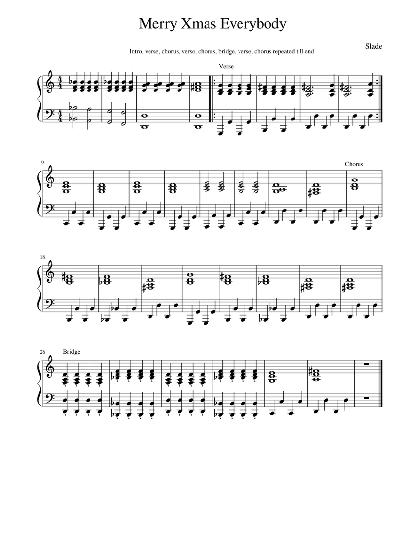 Merry Xmas Everybody by Slade Sheet Music for Piano (Solo) easy ...