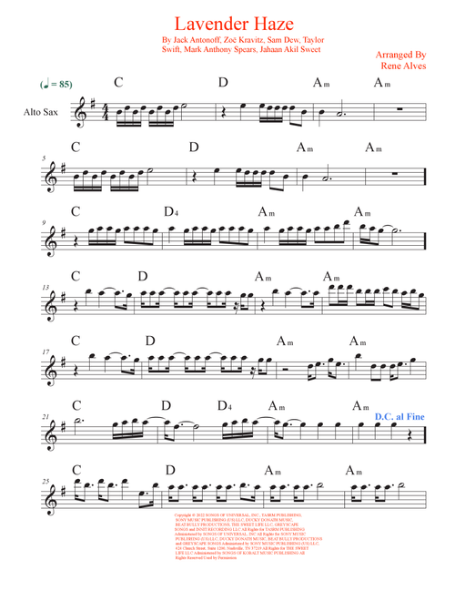 Lavender Haze (Arr. Rene Alves) - Taylor Swift (Alto Sax Solo)
