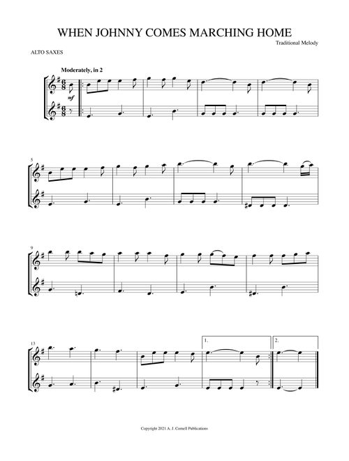 When Johnny Comes Marching Home (Arr. Mark Phillips) - Traditional (Alto Saxophone Duet)
