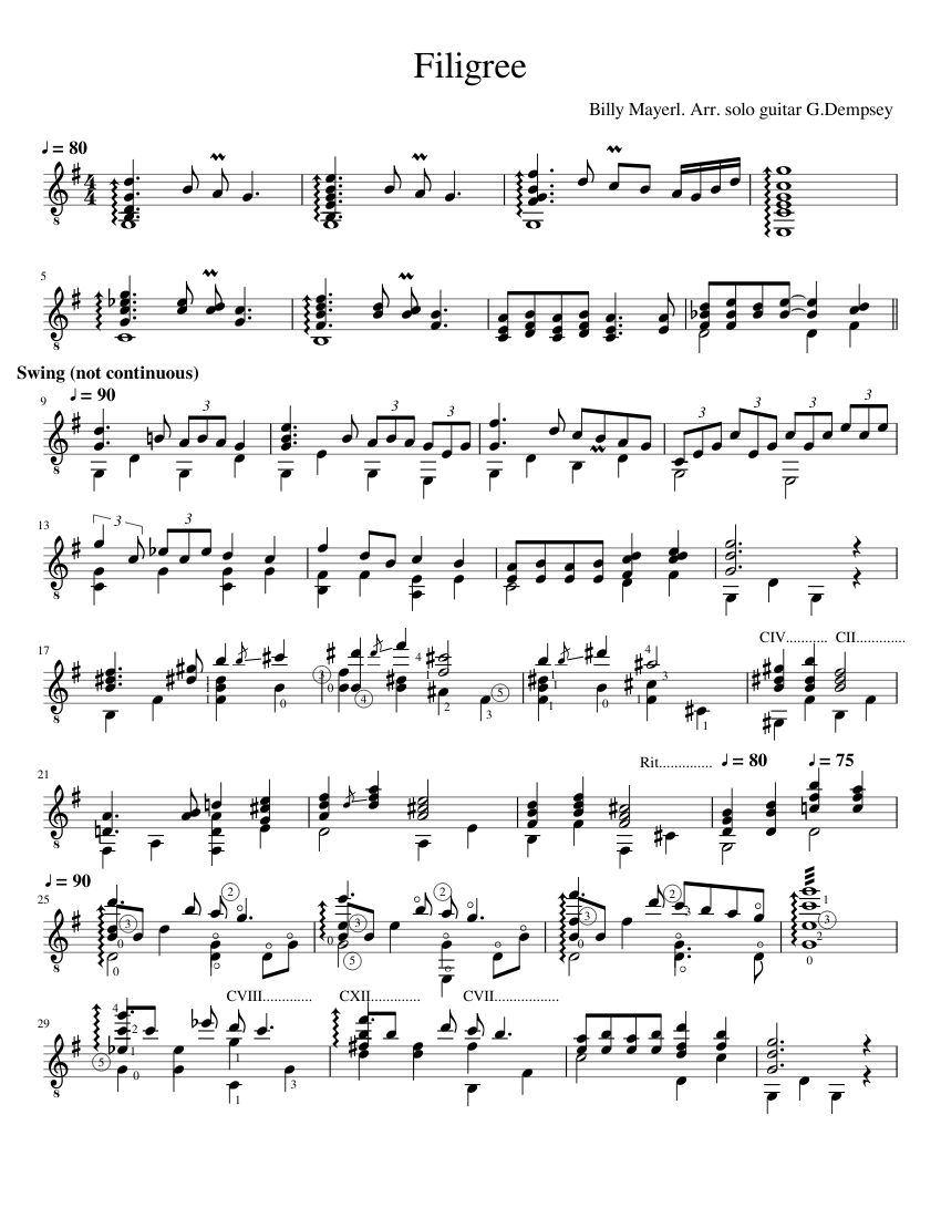 Filigree. Billy Mayerl. arr. solo guitar G.Dempsey Sheet Music for ...