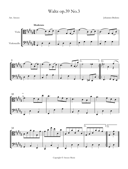 brahms waltz op 39 no 3 Viola and Cello sheet music (Arr. Arezzo Music) - Johannes Brahms (Instrumental Duet)