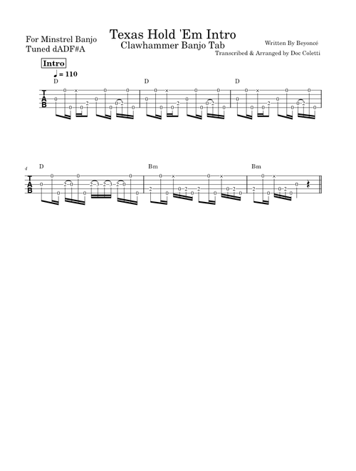 TEXAS HOLD 'EM – Beyoncé - Minstrel Banjo Tab for Intro