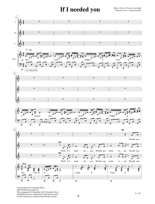 If I Needed You (Arr. Jetse Bremer) - Townes Van Zandt (Choral, SAA)