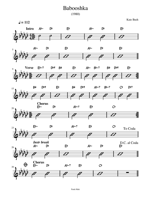 Babooshka Kate Bush Chord Chart