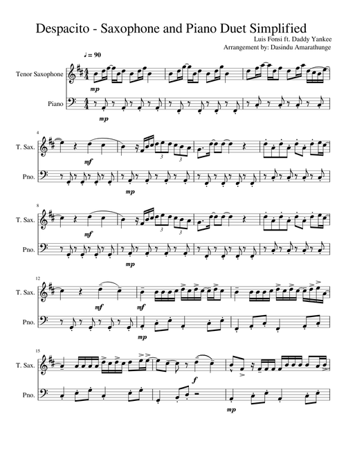 Piano and Tenor Sax Despacito Simplified