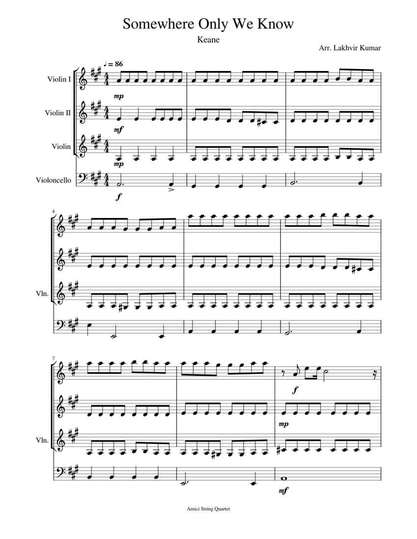 Somewhere Only We Know Sheet Music for Violin, Cello (String Quartet