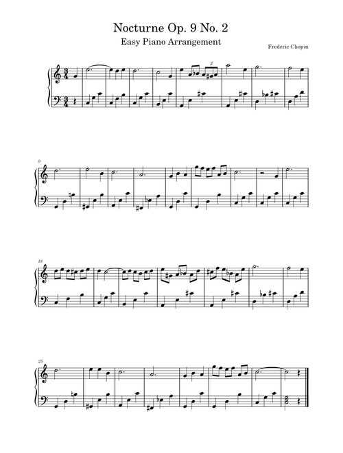 Nocturne Op.9, No.2, Easy Piano, Transposed to C Major – Frédéric Chopin