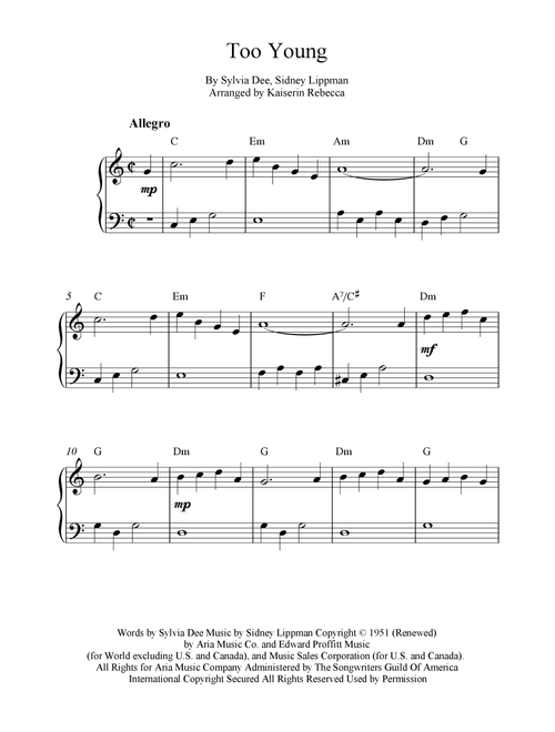 Too Young (Arr. Kaiserin Rebecca) - Sid Lippman, Sylvia Dee (Easy Piano)