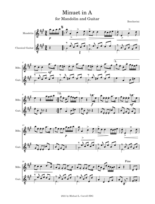 Minuet in A major – Luigi Boccherini,  arranged for Mandolin and Guitar