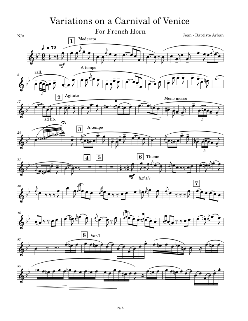 Carnival of Venice Jean Baptiste Arban Variations on a Carnival of Venice TRANSPOSED for Horn in F Sheet music for French horn Solo Musescore