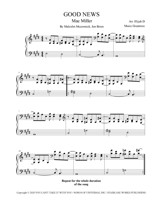 Good News (Arr. Music Greatness) - Mac Miller (Piano Solo)
