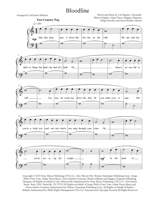 Bloodline (Arr. Salvatore Mallimo) - Alex Warren With Jelly Roll (Easy Piano)