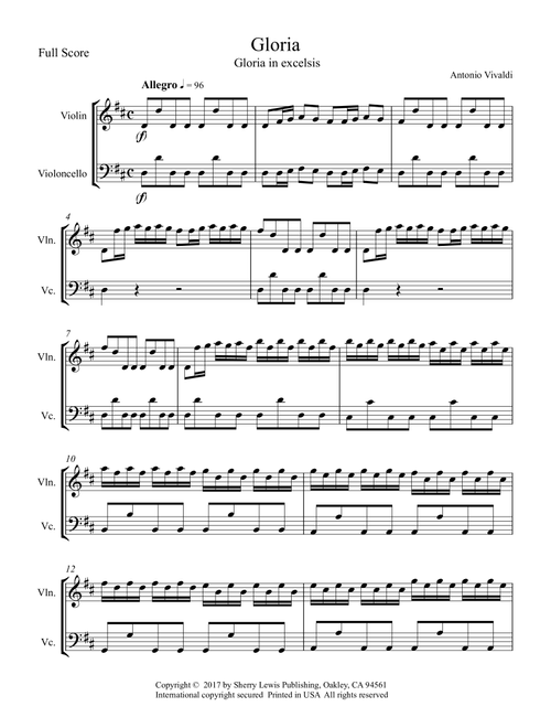 GLORIA IN EXCELSIS, Vivaldi String Duo, Intermediate Level for violin and cello (Arr. Sherry Lewis) - Antonio Vivaldi (Instrumental Duet)