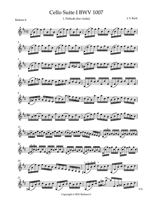 Cello Suite I BWV 1007 1. Prélude (for violin) (Arr. Barbara S.) - Johann Sebastian Bach (Violin Solo)