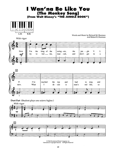 I Wan'na Be Like You (The Monkey Song) (from The Jungle Book) - Sherman Brothers, Robert B Sherman, Richard M Sherman (5-Finger Piano)