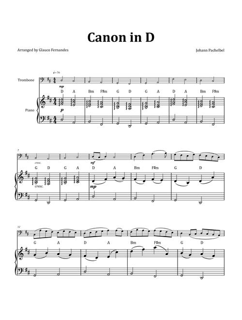 Canon by Pachelbel - Trombone & Piano and Chord Notation (Arr. Glauco Fernandes) - Johann Pachelbel (Trombone and Piano)