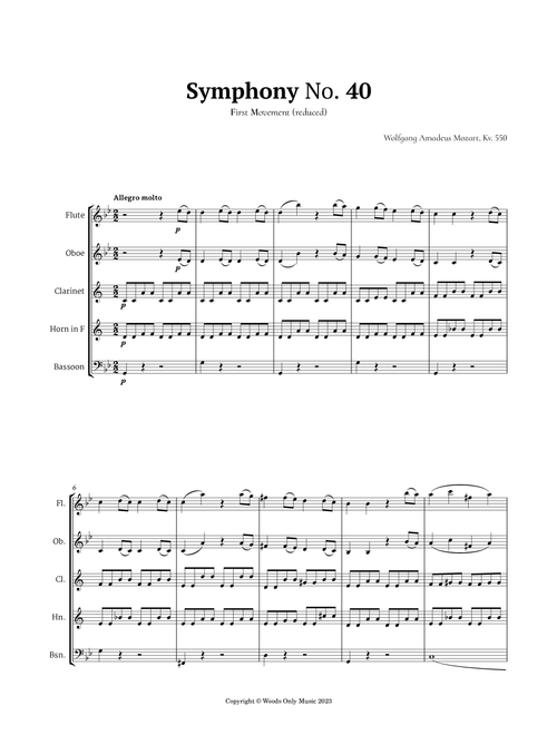 Symphony No. 40 by Mozart for Woodwind Quintet (Arr. Ander) (Woodwind Ensemble)