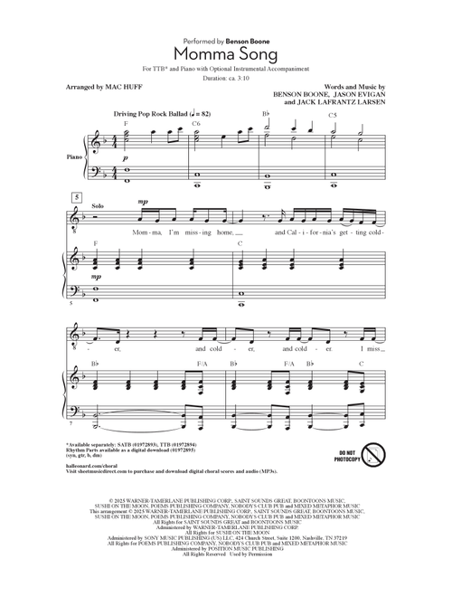 Momma Song (arr. Mac Huff) - Benson Boone (Choral, TTBBB)