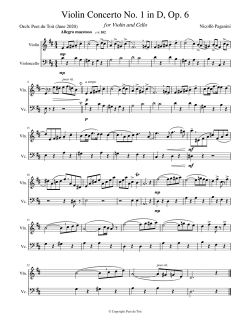 Violin Concerto in D, no. 1, Op. 6 - Allegro moderato (I) - N Paganini (Violin & Cello) (Arr. Peet du Toit) - Nicollò Paganini (Instrumental Duet)