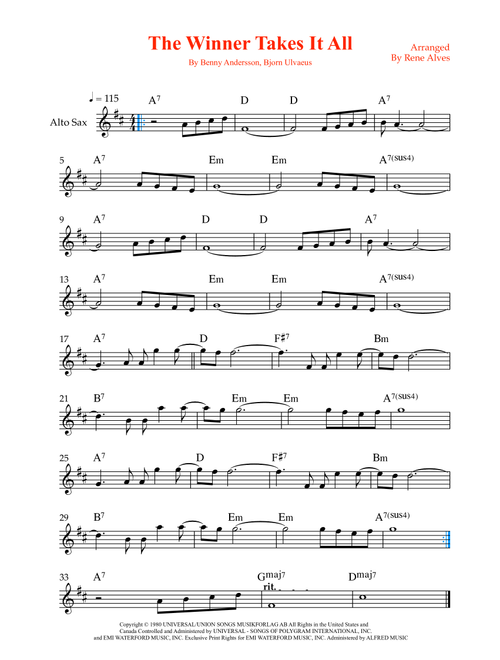 The Winner Takes It All (Arr. Rene Alves) - ABBA (Alto Sax Solo)