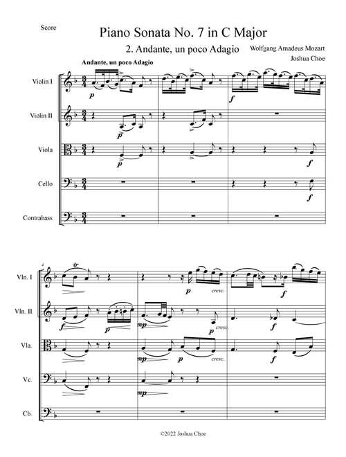Piano Sonata No. 7 in C Major, Movement 2 (Arr. Joshua Choe) - Wolfgang Amadeus Mozart (Orchestra)