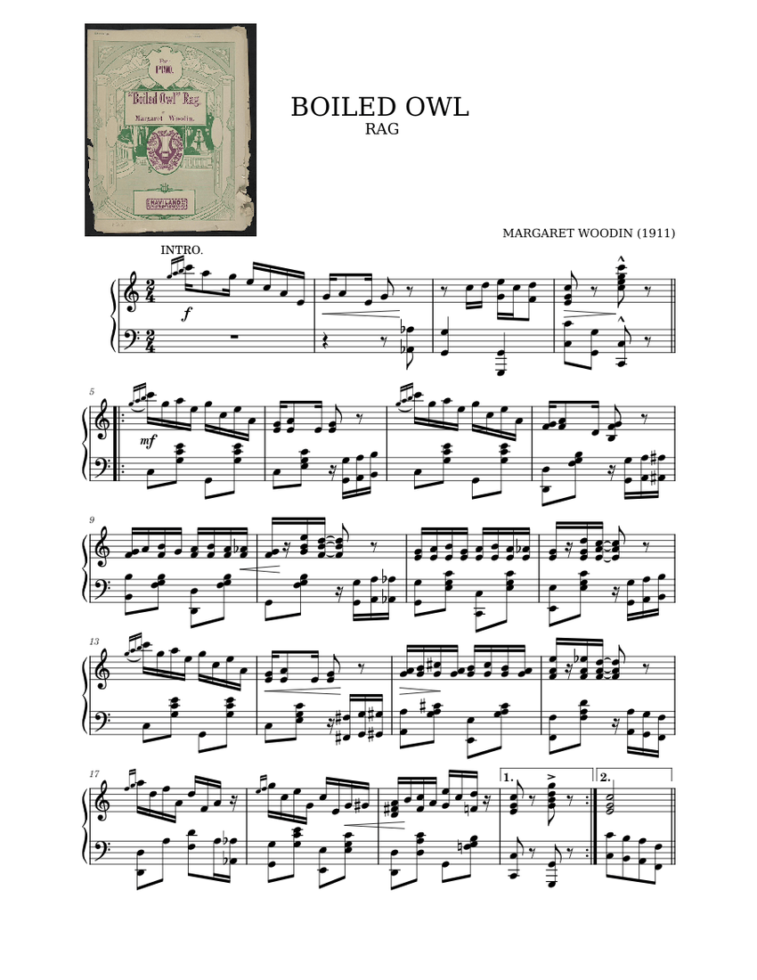 Boiled Owl Rag by Margaret Woodin (1911) Sheet music for Piano (Solo ...