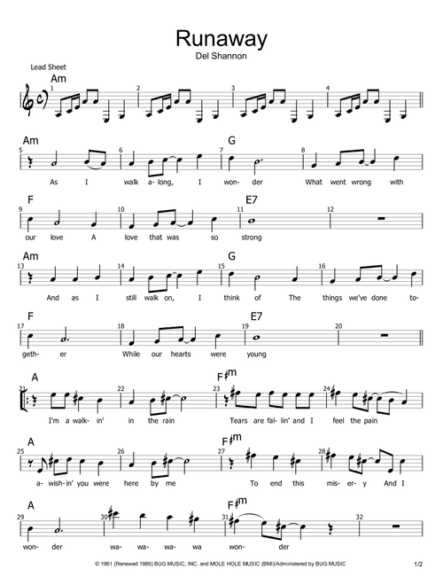 Runaway (Arr. Philip Jackson) - Del Shannon (Lead Sheet - Fake Book)
