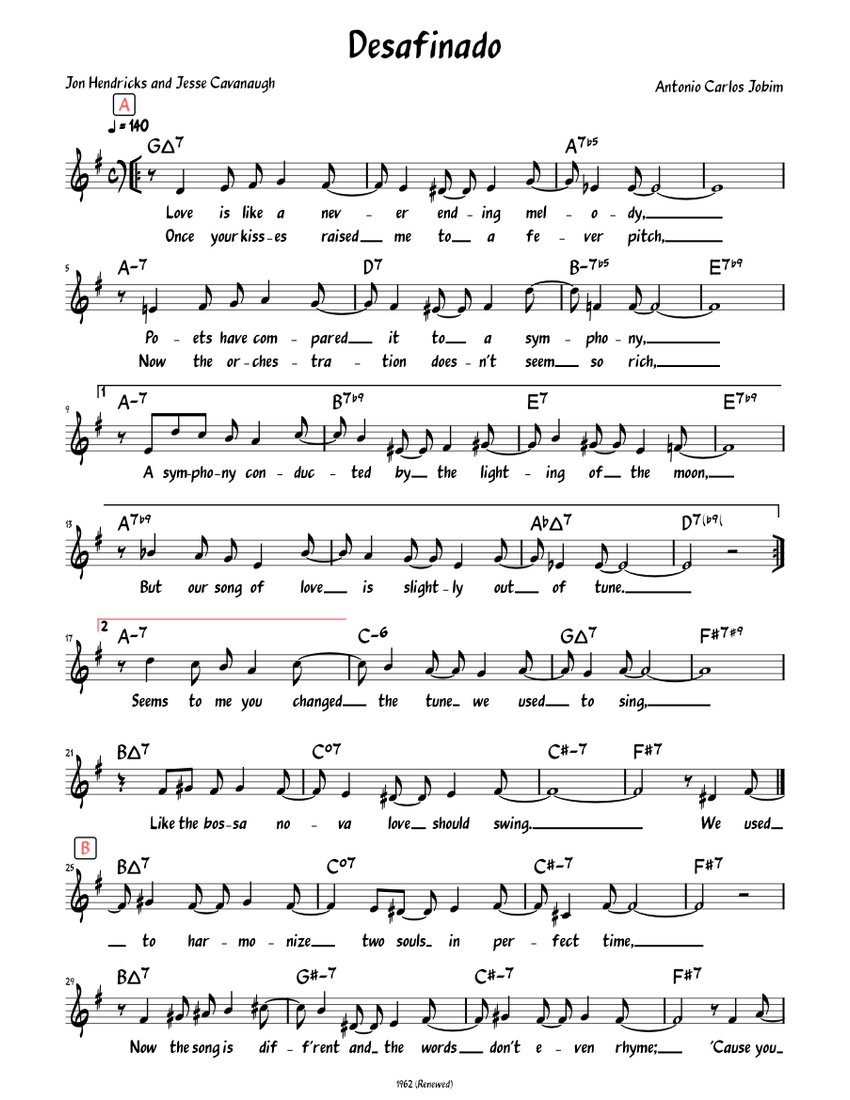Desafinado Lead Sheet With Melody Sheet Music For Piano Solo